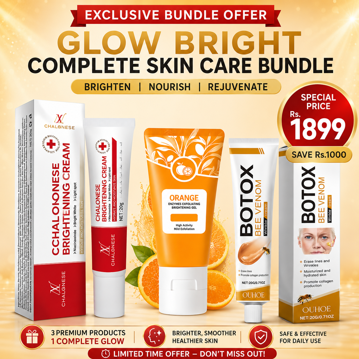 3 in 1 Glow Bright Complete Skin Care Bundle - Limited Time Bundle Offer