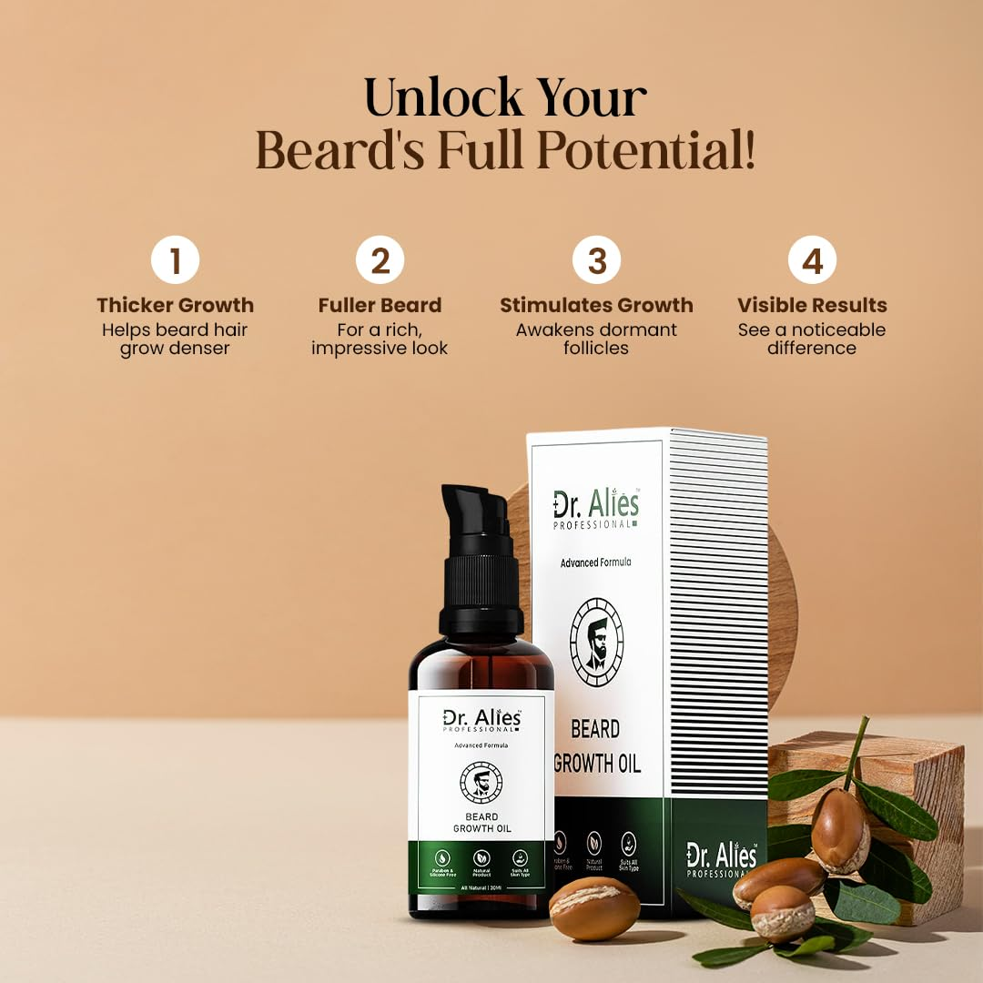 Dr. Alies Professional Beard Growth Oil | Natural Formula with Vitamin E, Almond Oil & Castor Oil